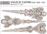 Full product image of the IOD Angelic Tapers Mould, showcasing detailed angel motifs and taper designs, with measurements of 6” x 10”, ideal for DIY and upcycling projects.
