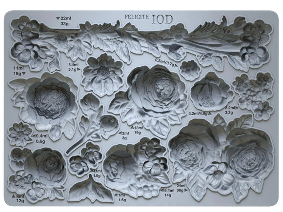 Close-up of the Felicite IOD Mould tray, showcasing detailed floral and leaf patterns, including roses, leaves, and decorative accents, ideal for DIY projects and home decor