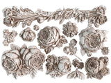 Collection of casts made from the Felicite IOD Mould, featuring intricate roses, flowers, and foliage in a French-inspired, vintage style, perfect for adding elegance to crafts and furniture