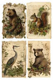 Iron Orchid Designs Holly Glen Transfer showing a bear, squirrel, and heron among holly branches and vintage text backgrounds, ideal for furniture and home decor projects