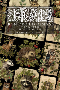 Iron Orchid Designs Holly Glen Transfer with woodland animals, holly leaves, and vintage-style backgrounds. Ideal for DIY furniture and décor projects.

