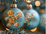 Retro-style Christmas tree ornament featuring a glittering blue bauble with a vintage gingerbread man design from the IOD Kitschy Christmas collection.