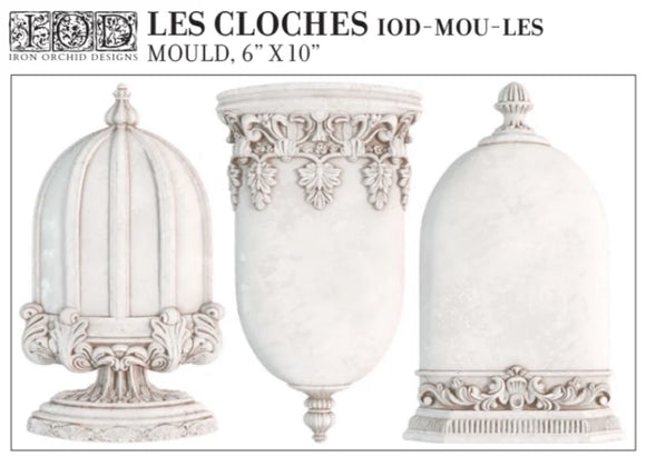 Full product image of the IOD Les Cloches Mould, featuring elegant bell jar and cloche designs with intricate detailing, measuring 6