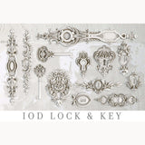 Showcase of the Lock & Key IOD Décor Mould designs, including ornate locks, keys, and trims, ideal for crafting vintage-inspired décor and furniture accents.
