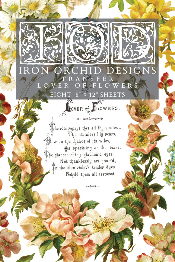 Front packaging of the IOD Lover of Flowers Transfer, featuring vintage-style floral designs with delicate blooms and foliage surrounding ornate text, showcasing the elegant botanical theme of the product.