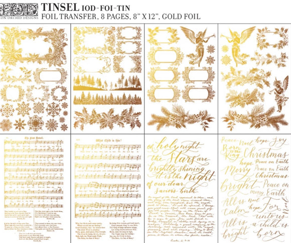 IOD Tinsel Foil Transfer featuring 8 sheets of intricate gold foil designs, including angels, snowflakes, holly, Christmas wreaths, and vintage sheet music