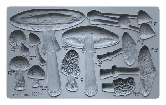 Close-up of the Toadstool IOD Décor Mould showcasing detailed mushroom designs, ideal for creating unique embellishments for furniture and decor projects.