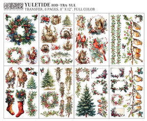 IOD Yuletide Decor Transfer set featuring 8 full-color sheets with vintage holiday designs including cardinals, squirrels, Santa Claus, wreaths, and Christmas trees