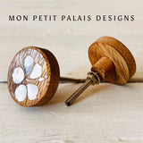 Pair of Wood & Mother of Pearl Knobs, featuring a rustic wooden base with luminous shell detailing for a boho and coastal aesthetic.